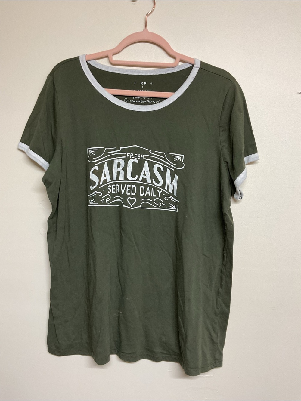 torrid Olive Green 'Sarcasm Served Daily' Short Sleeve Ringer Tee